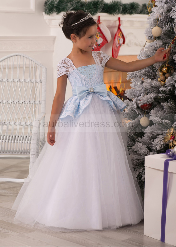 Beaded Sky Blue And White Satin Lace Peplum Flower Girl Dress Beaded Sky Blue And White Satin Lace Peplum Flower Girl Dress